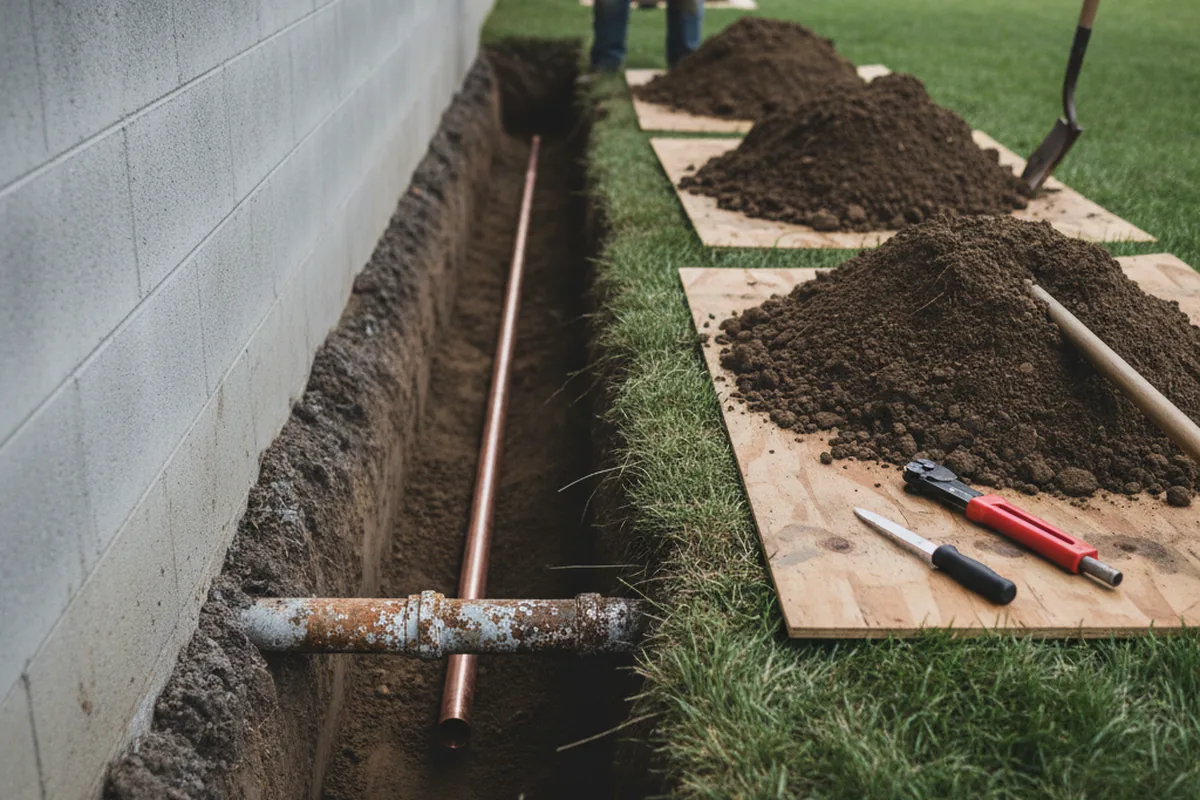 Excavated water line trench during Water Softener Installation in Du Pont